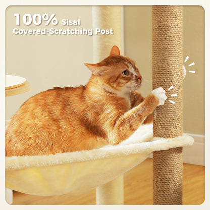 Wood Cat Tree with Sisal Scratching Posts Large Hammock Cozy Condo Bed Multi-Level Cat Tower for Indoor Cats Furniture Cat Toys