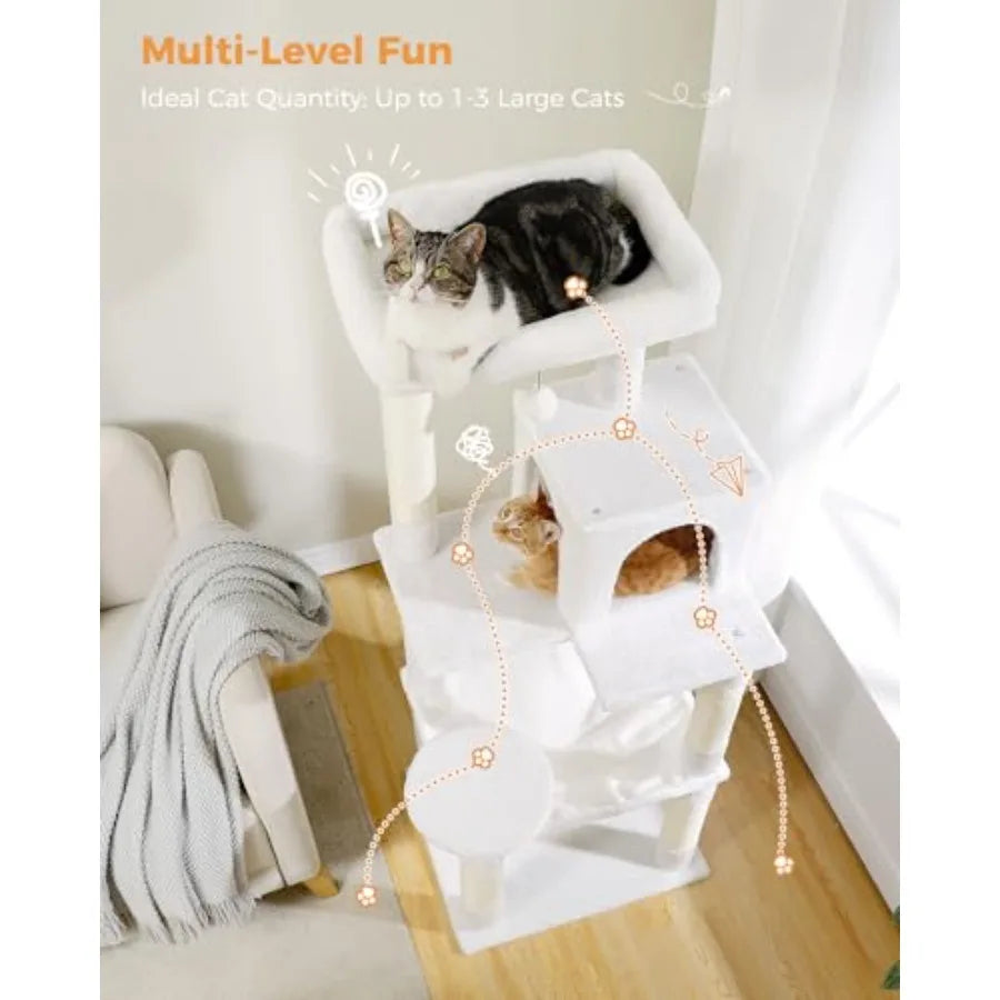 56.3" Cactus Cat Tree with Metal Hammock, 6 Tiers, 6-tier shelves, Metal plush hammock, 2-door condo house, Sisal posts, Large