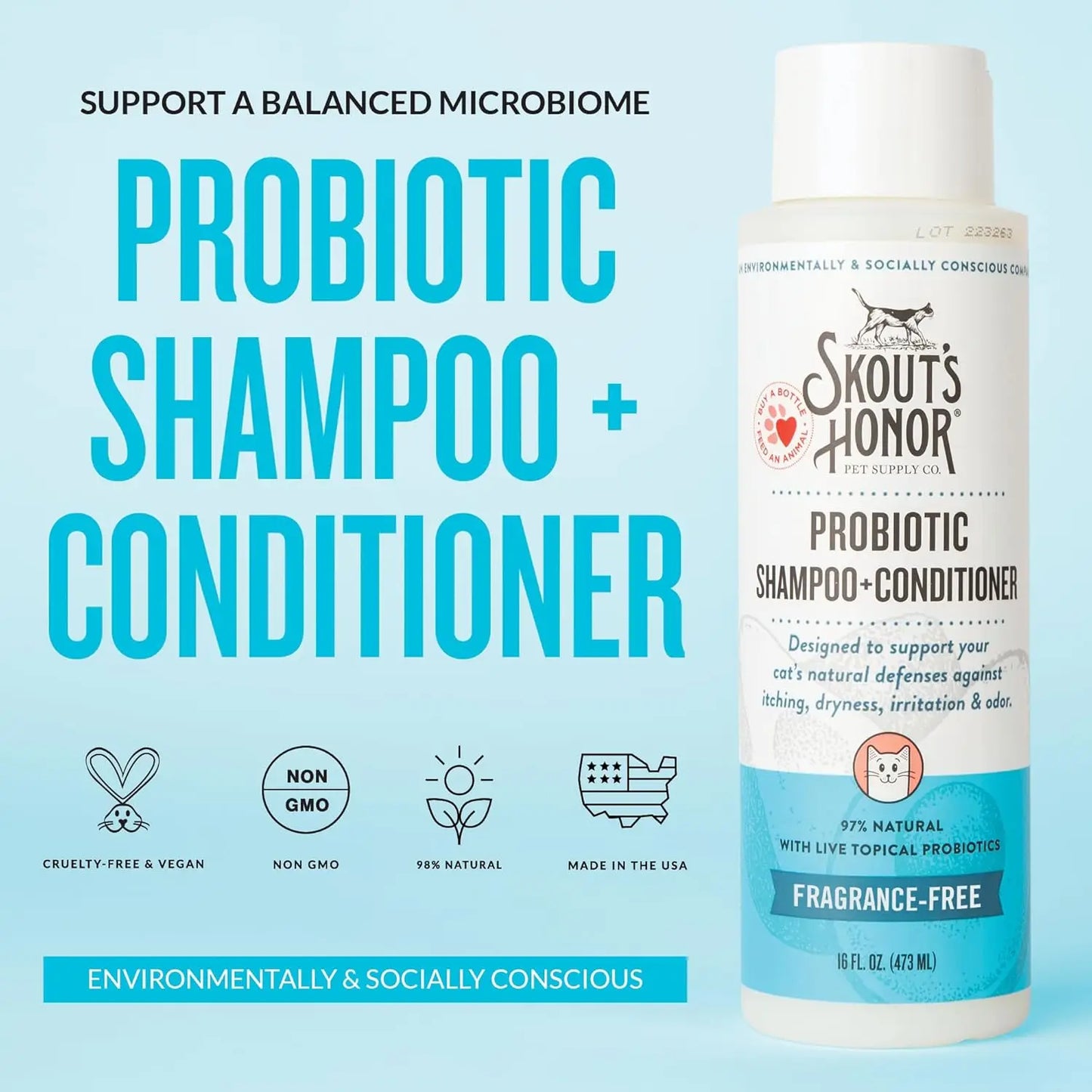 Fragrance-Free Probiotic Cat Shampoo & Conditioner with Avocado Oil & Omega-3s, 97% Natural, Paraben & Sulfate-Free, Cruelty-Fre
