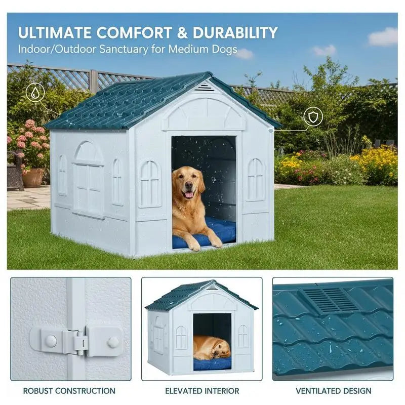 Plastic Weather-Resistant Dog House, for Indoors and Outdoors, Medium Dogs - White and Blue