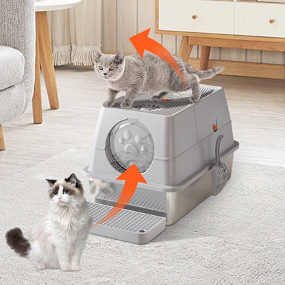 Stainless Steel Cat Litter Box, High Sided Enclosure Cat Toilet With Lid, Front And Top Door, Sand Filter Pedal & Litter Scoop