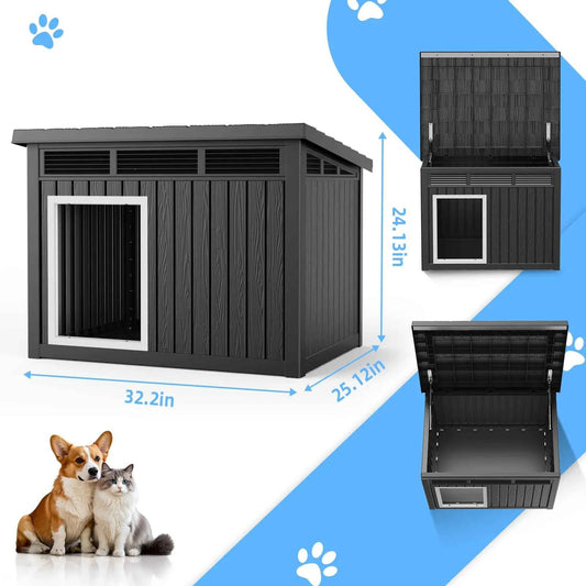 Resin Dog House with Hydraulic Rod, Waterproof Outdoor Insulated Dog Kennel, Slanted Roof Large Dog Shelter for Medium Large Dog