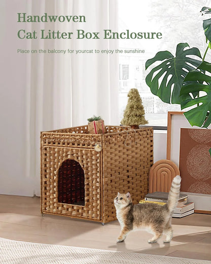 Cat Litter Box Enclosure Furniture, Hidden Litter Box with Mat and Fence, Handwoven Rattan Cat House with Two S-Shaped Hooks for