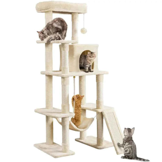 Cat Tree, 63 Inches MultiLevel Indoor Cat Play Structure with Scratching Posts, Hammock, and Dangling Ball
