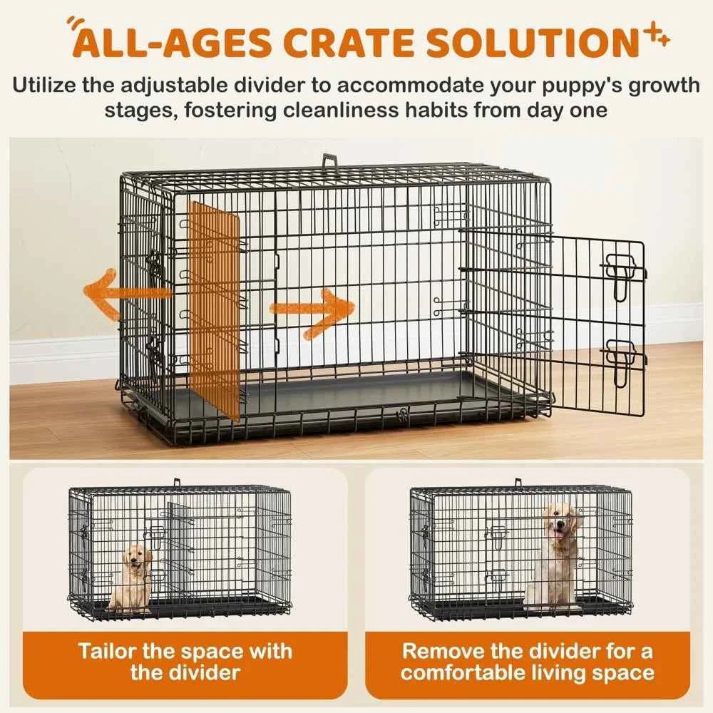 Yah 42in Double Door Dog Crate with Divider,Collapsible Metal Kennel with Removable Tray for Large Dogs Portable Travel,Black