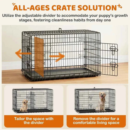 Yah 42in Double Door Dog Crate with Divider,Collapsible Metal Kennel with Removable Tray for Large Dogs Portable Travel,Black