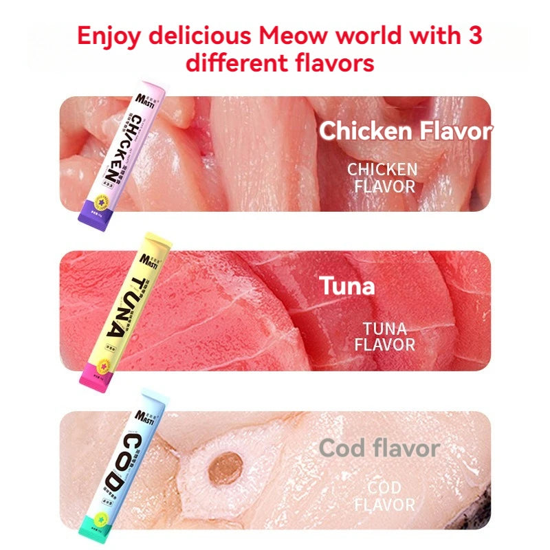 10pcs Pet Supplies Cat Stripe Pet Snacks 15g/Stripe Liquid Wet Grain Tuna Chicken Cod Can Hair Cheep Cat Snacks