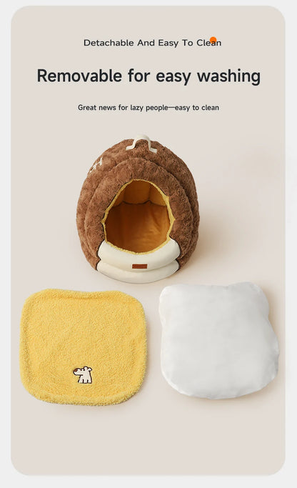 HOOPET Winter Dog Bed with Roof, Semi-Enclosed Warm House & Soft Pad, Plush Security Feeling Comfort Pet Nest for Small Dogs