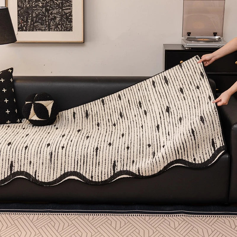 Nordic Striped Plush Sofa Cover Irregular Non-slip Corner Sofa Seat Cover Winter Warm Sofa Protector Towel for Living Room Decor