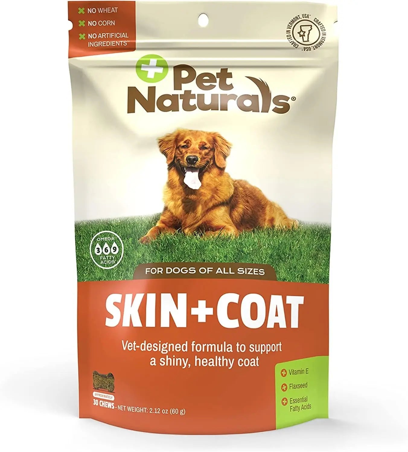 Dog Skin & Coat Supplement with Salmon Oil, Vitamin E & Flax Oil - 30 Chews - No Corn or Wheat - Vet Recommended