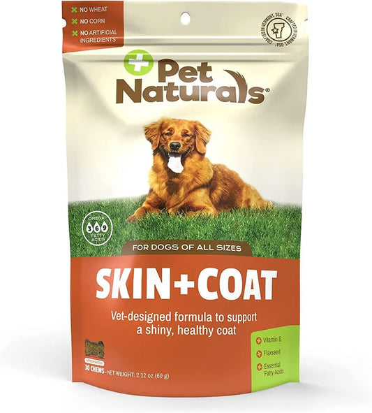 Dog Skin & Coat Supplement with Salmon Oil, Vitamin E & Flax Oil - 30 Chews - No Corn or Wheat - Vet Recommended