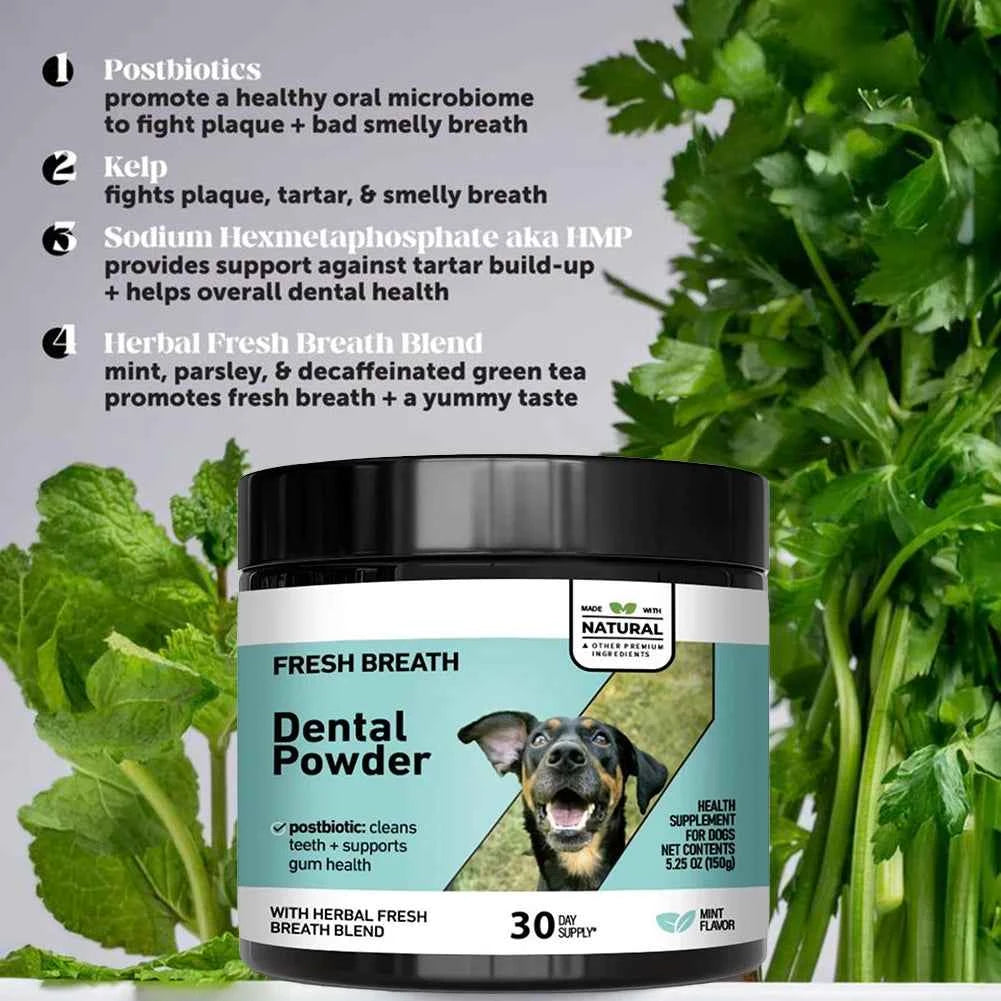 Dog Breath Freshener Dental Powder for Teeth Cleaning Plaque Off Dental Care for Dogs Tartar Remover for Teeth with Kelp Mint