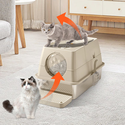 Stainless Steel Cat Litter Box, High Sided Enclosure Cat Toilet With Lid, Front And Top Door, Sand Filter Pedal & Litter Scoop