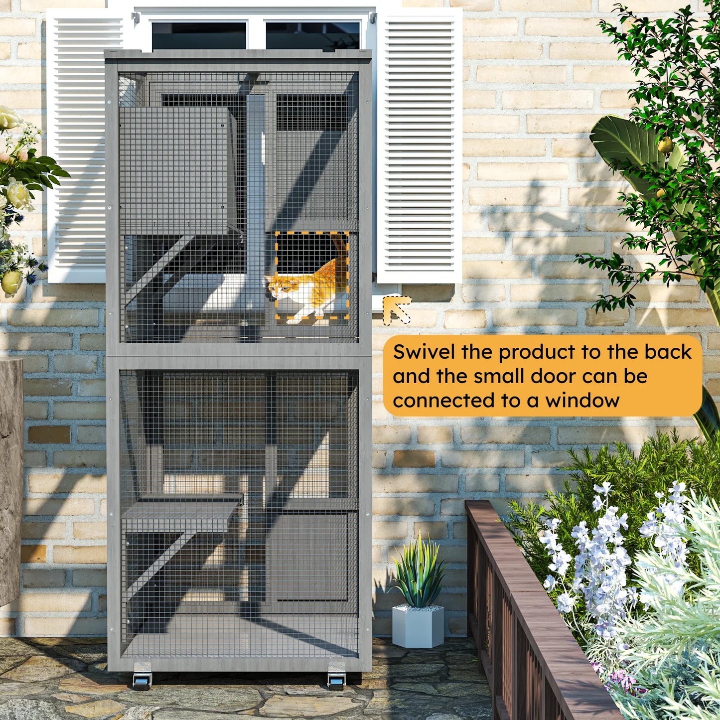 4-Tier Outdoor Cat Catio Enclosure, Large Cat Playpen with Wheels,Waterproof Roof,4 Doors & Resting Box,Grey/Black