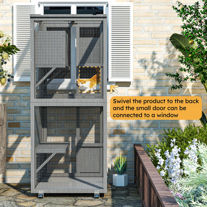 4-Tier Outdoor Cat Catio Enclosure, Large Cat Playpen with Wheels,Waterproof Roof,4 Doors & Resting Box,Grey/Black