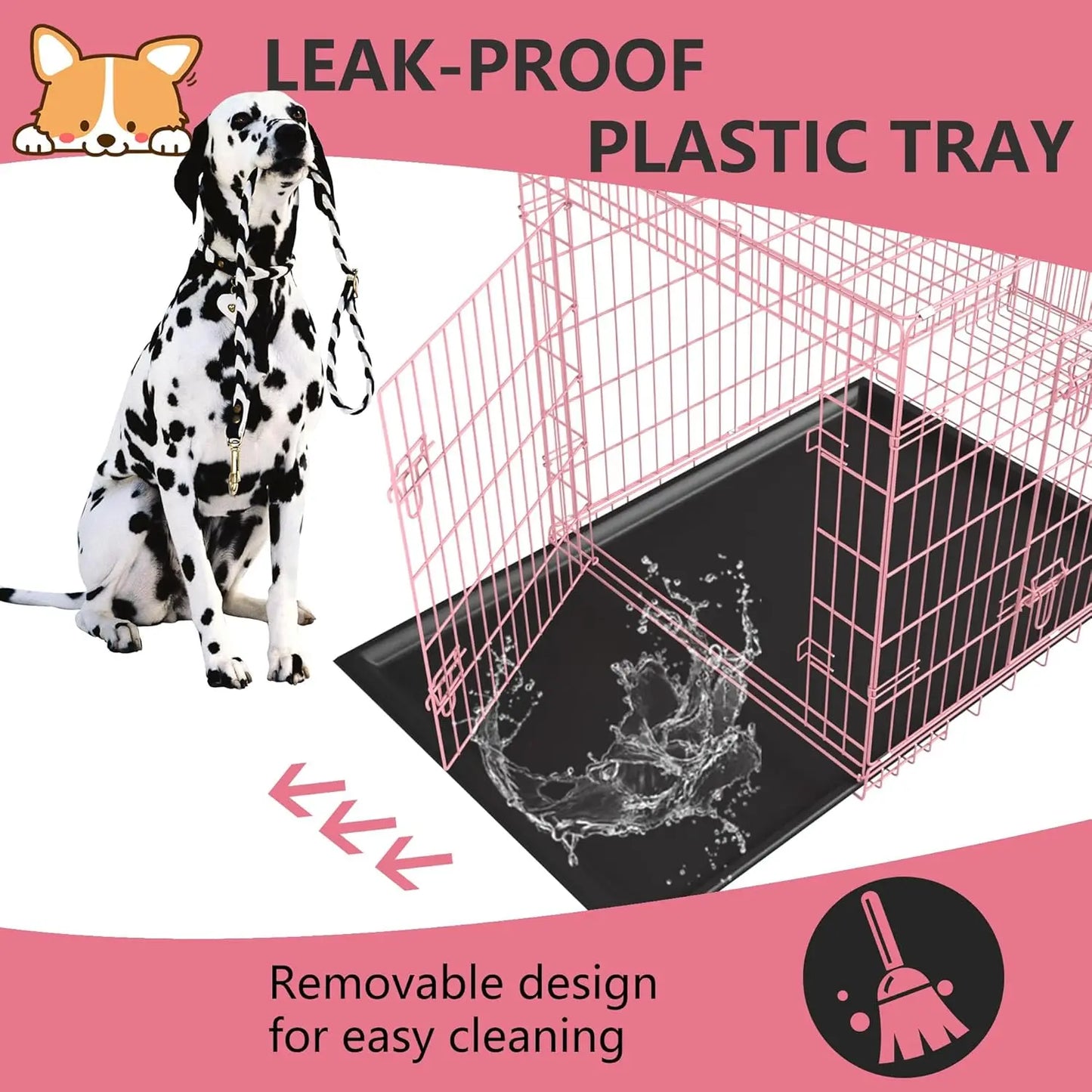 Extra Large Dog Crate with Double Door, 48 Inch Folding Metal Wire Cage, Removable Tray & Divider Panel for Large Dogs in Pink