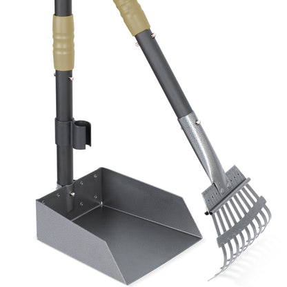 Dog Pooper Scooper, Dog Poop Tray and Rake Set, Pet Waste Removal Scoop with Long Adjustable Sectional Stainless Handles