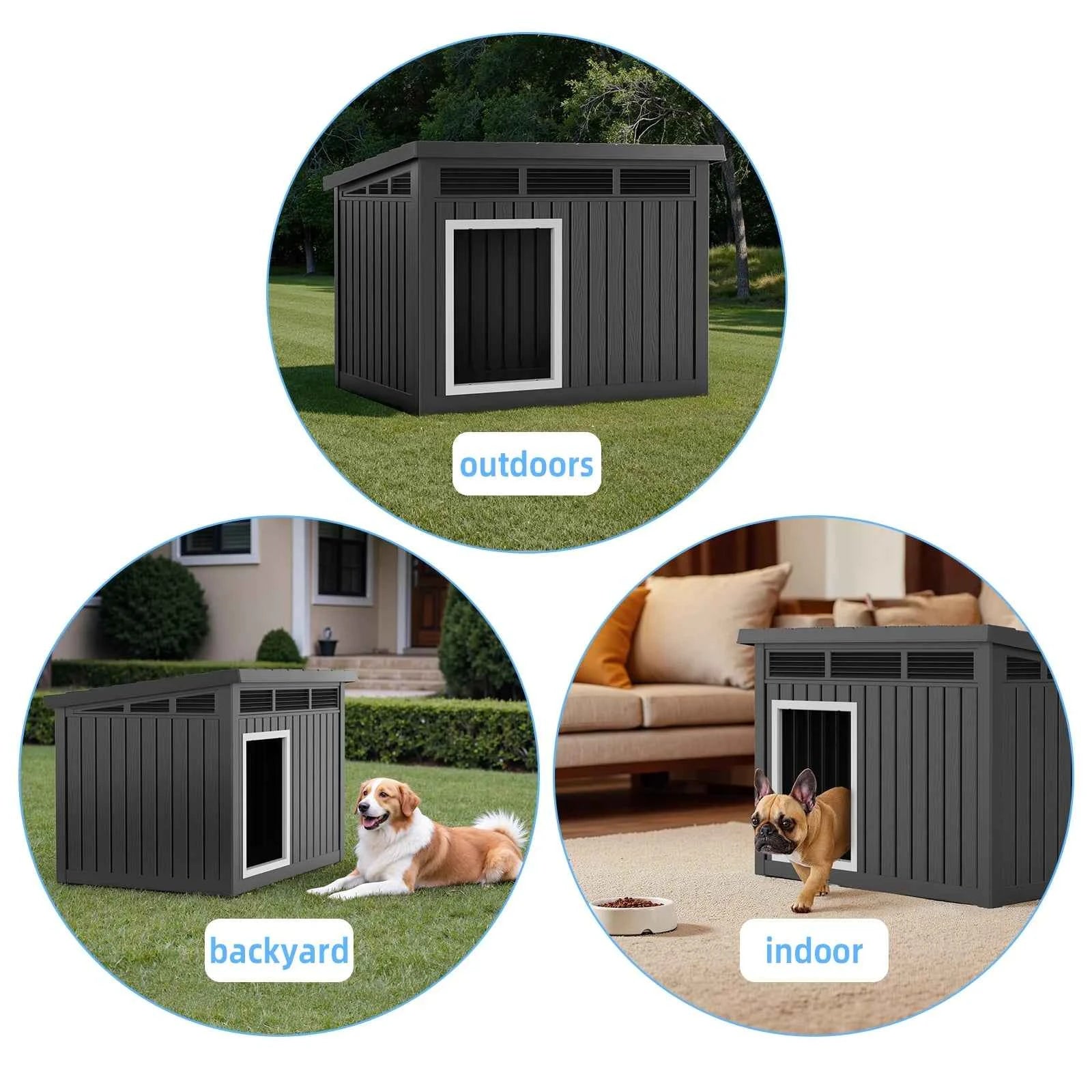 Resin Dog House with Hydraulic Rod, Waterproof Outdoor Insulated Dog Kennel, Slanted Roof Large Dog Shelter for Medium Large Dog