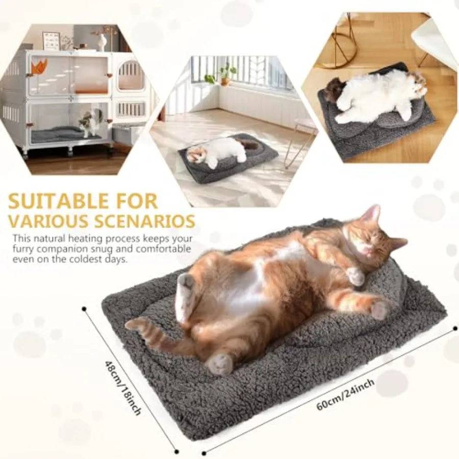 Self Warming Cat Bed Mat with U-Shaped Pillow - 24x18 Soft Thickened Thermal Cat Bed Machine Washable Heat Retention Pad for In