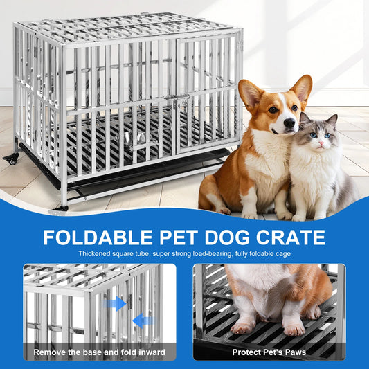 Metal Dog Cage Easy To Install Dog Crate with Four Wheels Dog Kennel Folding for High Anxiety Medium/Small Dogs