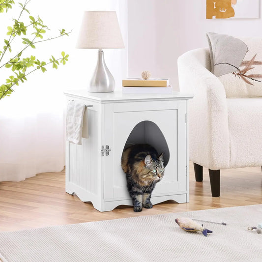Wooden Cat Litter Box Enclosure with Towel Bar, Pet Washroom Cabinet, White Modern Furniture