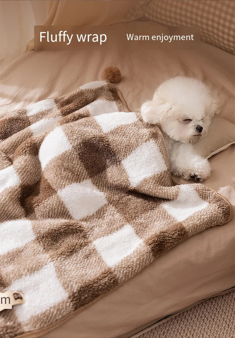 Winter Cream Color Plaid Flannel Pet Blanket, Double-Sided Soft Warm Fleece Throw for Small Dogs and Cats，Warm Cuddler Bed Mat