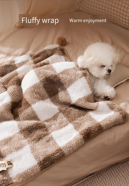 Winter Cream Color Plaid Flannel Pet Blanket, Double-Sided Soft Warm Fleece Throw for Small Dogs and Cats，Warm Cuddler Bed Mat