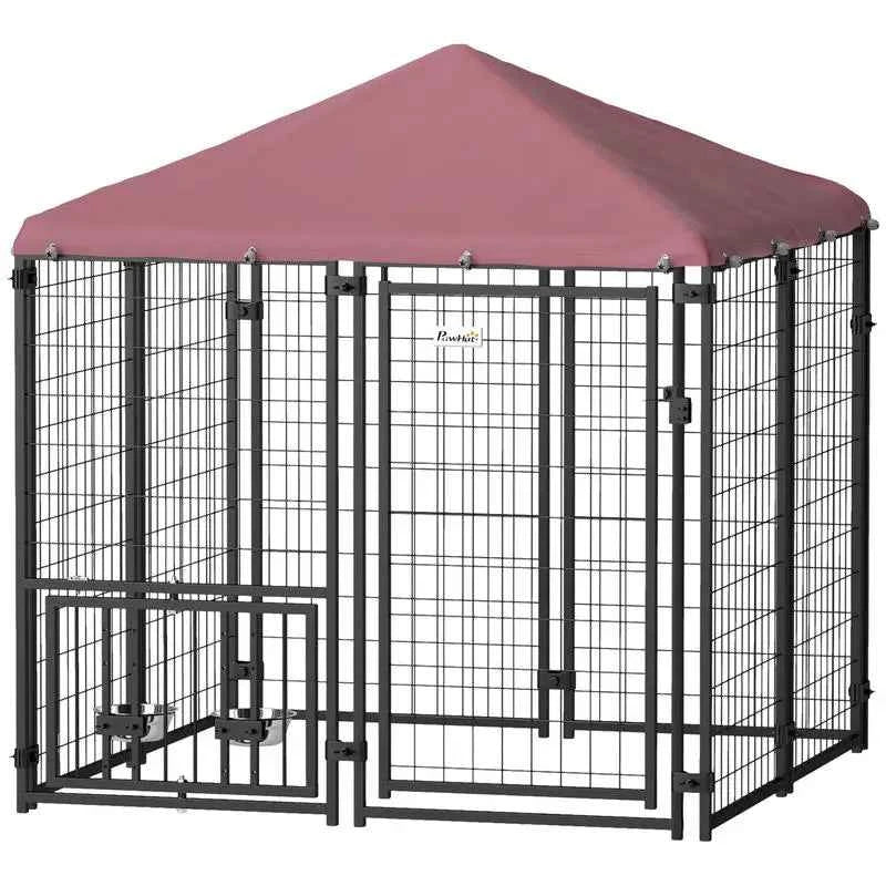 Welded Wire Outdoor Dog Kennel with 360° Rotating & 4 Levels Adjustable Bowls, Waterproof Cover, 4.6' x 4.6' x 5'
