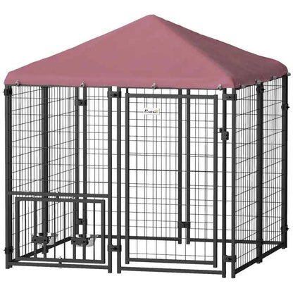 Welded Wire Outdoor Dog Kennel with 360° Rotating & 4 Levels Adjustable Bowls, Waterproof Cover, 4.6' x 4.6' x 5'