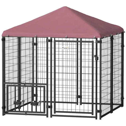 Welded Wire Outdoor Dog Kennel with 360° Rotating & 4 Levels Adjustable Bowls, Waterproof Cover, 4.6' x 4.6' x 5'