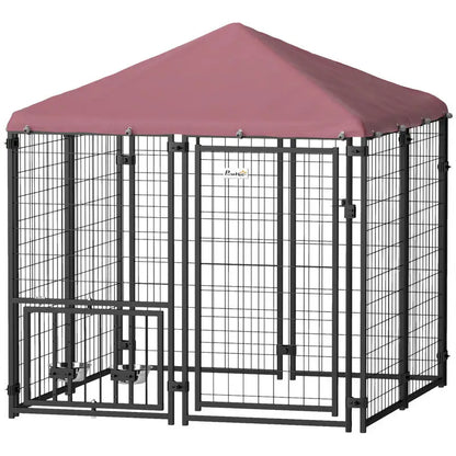 Welded Wire Outdoor Dog Kennel with 360° Rotating & 4 Levels Adjustable Bowls, Waterproof Cover, 4.6' x 4.6' x 5'