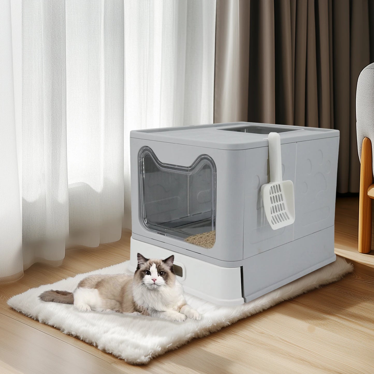 Bingopaw Stainless Steel Cat Litter Box with Lid Front Entry and Top Exit Toilet Box with Litter Scoop for Kittens,Easy Cleaning