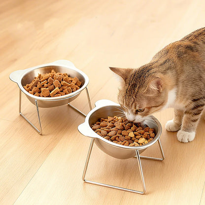 Stable Raised Cat Bowls Elevated 15° Neck Guard Dog Bowls Shatter-resistant 304 Stainless Steel Cat Food Bowl for Puppy and Cat