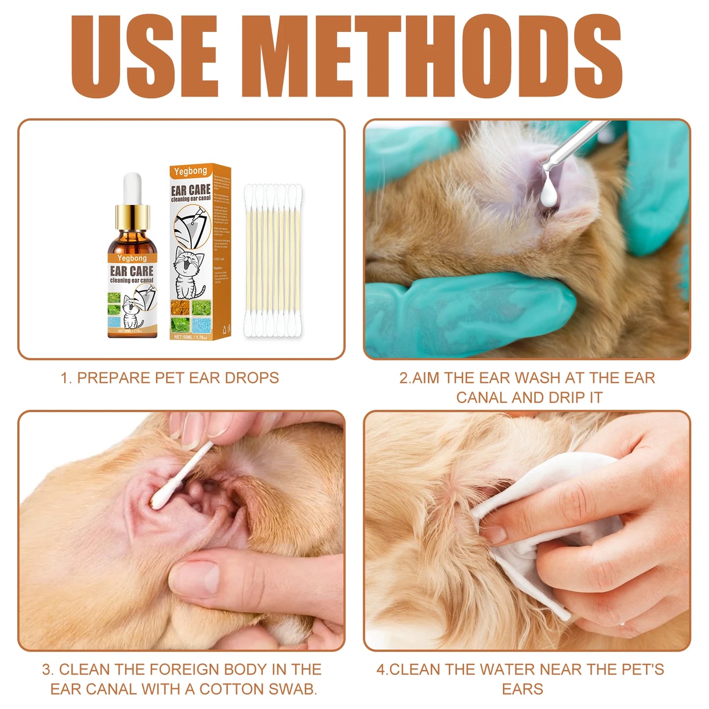 YEGBONG 2set Pet Ear Care Kit with Mite Control Itch Relief Hypoallergenic Cleaning Solution Cotton Swabs for Dogs and Cats Ear