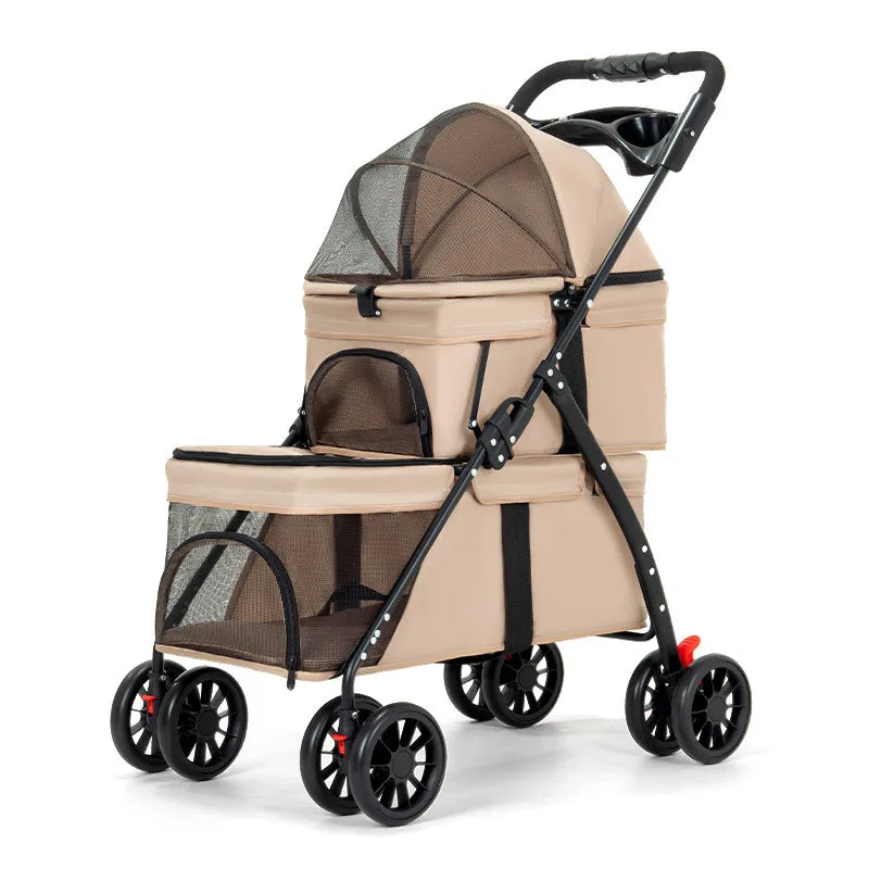 Double Decker Pet Stroller for 2 Dogs Cats, Lightweight Foldable Travel Carrier, Detachable Upper/Lower Pet Trolley for Outdoor