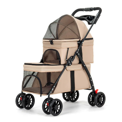 Double Decker Pet Stroller for 2 Dogs Cats, Lightweight Foldable Travel Carrier, Detachable Upper/Lower Pet Trolley for Outdoor