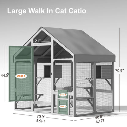 71"Catio Outdoor Cat Enclosure for Multiple Cats Large Wooden Walk in Cats House Outside Weatherproof Roof