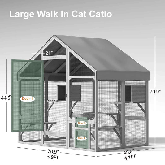 71"Catio Outdoor Cat Enclosure for Multiple Cats Large Wooden Walk in Cats House Outside Weatherproof Roof