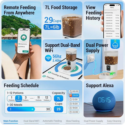 Smart WiFi Pet Feeder with Slow Feed, 7L Capacity, App Control & Alexa Compatible for Cats and Dogs