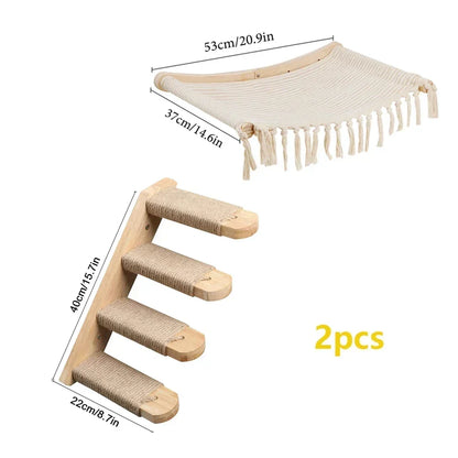 Wooden Cat Tree Tower Cat Wall Furniture Climbing Shelves Perches Sisal Scratcher Hammock Steps and Ladder Indoor Cats Walk Gym