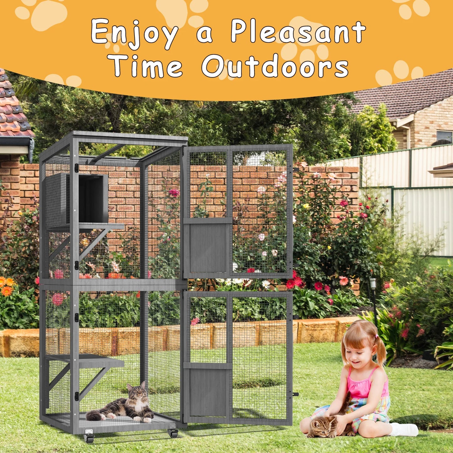 4-Tier Outdoor Cat Catio Enclosure, Large Cat Playpen with Wheels,Waterproof Roof,4 Doors & Resting Box,Grey/Black