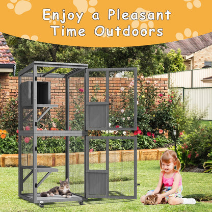 4-Tier Outdoor Cat Catio Enclosure, Large Cat Playpen with Wheels,Waterproof Roof,4 Doors & Resting Box,Grey/Black