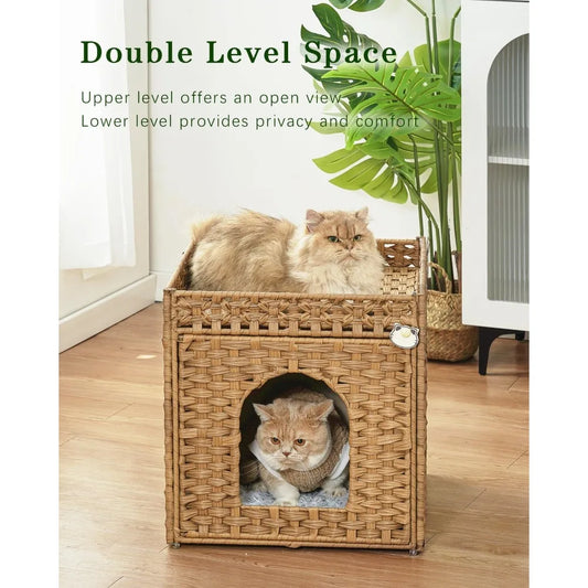 Extra Large Handwoven Rattan Double Cat Cave – Indoor Cat Bed Cube with Soft Cushions (18.5") - Pet Suppie