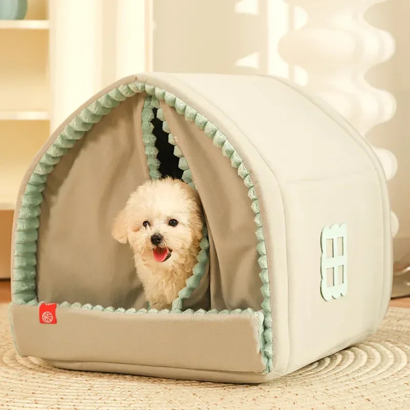 Closed Dog House with Door Curtain Winter Windproof Nest for Dogs Cats Outdoor Portable Cat Tent Dog Villa Sleep Kennel Cat Mat