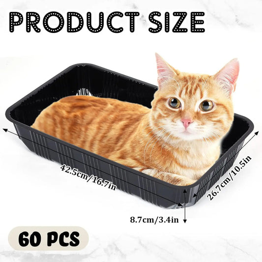 60 Pack Disposable Cat Litter Boxes, 16.7 x 10.5 in, Black, Travel-Friendly, Recyclable