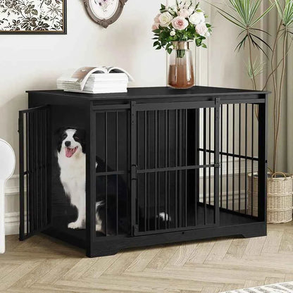 Large Dog Crate Furniture, 44.1 Indoor Kennel with Barn Door, Wooden Tall Dog Cage, Heavy Duty for Large Dogs, Side End Table, A