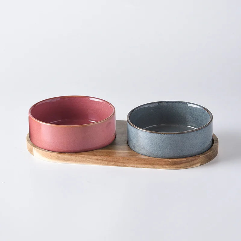 Dog Bowl Ceramic Matte Pet Bowl Cervical Spine Protector Anti Knock Over Wooden Tray Pet Feeding Supplies Cat Accessories