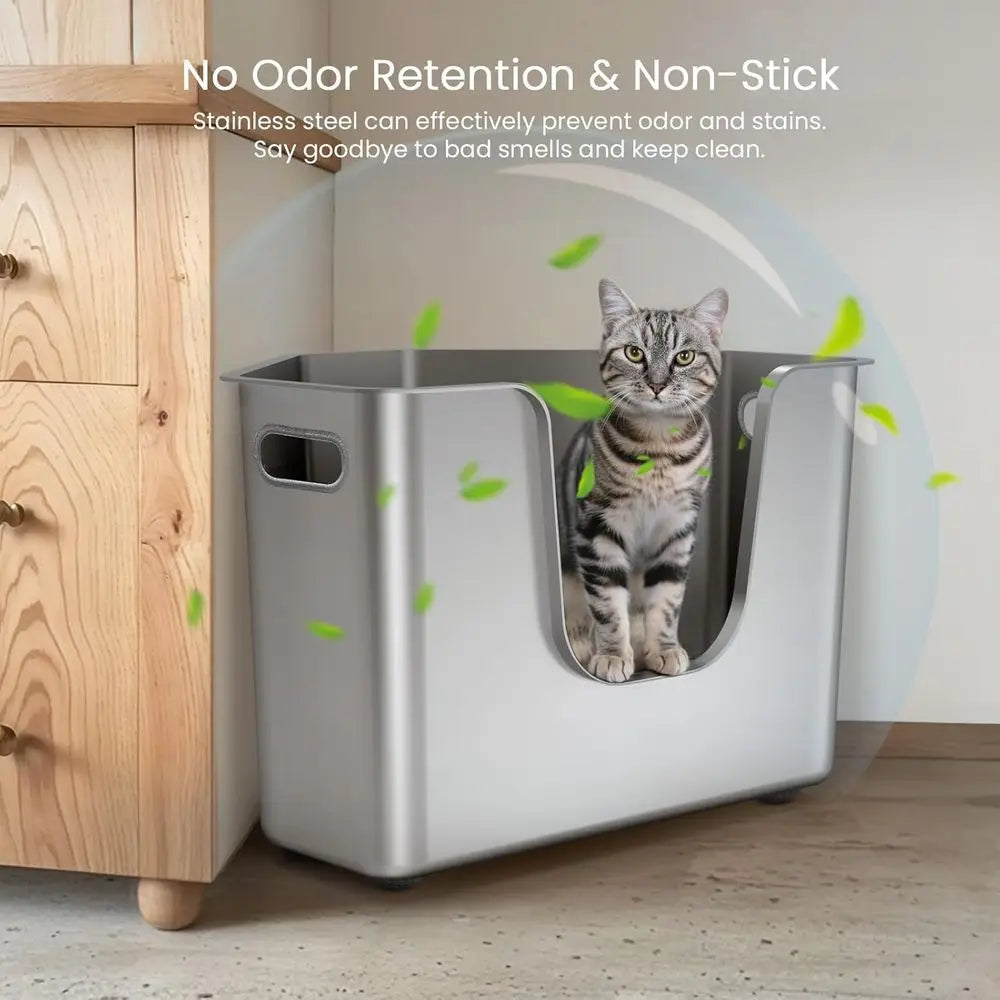 Corner Metal Cat Litter Box with High Sides, One-Piece Design, Easy Clean, Non-Stick, Odor-Free for Small to Medium Cats