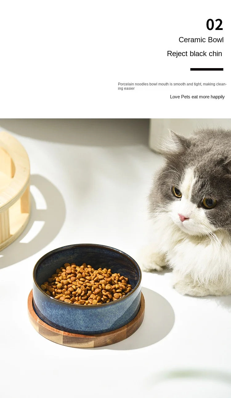 Dog Bowl Ceramic Matte Pet Bowl Cervical Spine Protector Anti Knock Over Wooden Tray Pet Feeding Supplies Cat Accessories