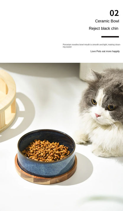 Dog Bowl Ceramic Matte Pet Bowl Cervical Spine Protector Anti Knock Over Wooden Tray Pet Feeding Supplies Cat Accessories
